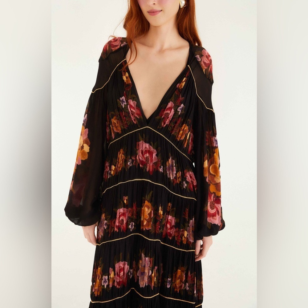 Farm Rio: Black Chenille Flowers Long Sleeve Midi Dress - Picture 5 of 10
